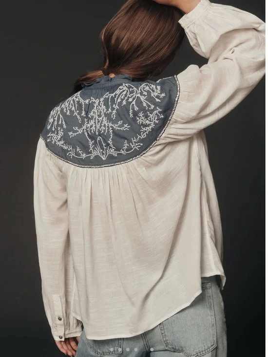 Anthropologie Puff-Sleeve Embroidered Buttondown Blouse Pilcro NEW 2X Ivory - Picture 3 of 16